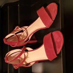 Size 9.5 burgundy Kate Spade dress shoe with wrap ankle strap, gold hardware